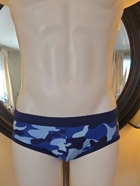 Blue Camo Low-Rise Men's Swim Trunks